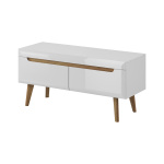 Comodă TV ~DOLOMITES~ fronturi MDF, 107 cm lățime, finisaj alb lucios cu inserții de stejar, picioare din lemn masiv