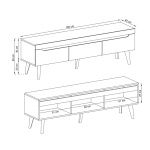 Comodă TV ~DOLOMITES~ fronturi MDF, 160 cm lățime, finisaj stejar cu inserții negre, picioare din lemn masiv negre mat - imagine 2