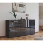 Comodă living modernă 200 cm cu 3 uși și 5 sertare, fronturi din sticlă, compartimentare premium, PAL, culoare grafit