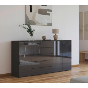 Comodă living modernă 200 cm cu 3 uși și 5 sertare, fronturi din sticlă, compartimentare premium, PAL, culoare grafit