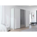 Dressing 271 cm lățime, 3 uși glisante cu fronturi din sticlă și oglindă centrală, culoare alb alpin, 223 cm înălțime, compartimentare premium cu 9 compartimente și 6 rafturi