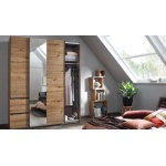 Dressing cu 2 uși glisante cu oglindă, culoare stejar artizanal, 175 cm lățime, 210 cm înălțime, 2 sertare și compartimentare premium pentru dormitor