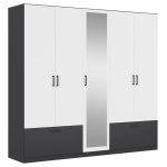Dulap 226 cm lățime, 5 uși batante cu oglindă și 2 sertare, culoare alb cu gri antracit, 210 cm înălțime, compartimentare premium cu 8 compartimente și 5 rafturi - imagine 2