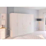 Dulap 251 cm lățime, 5 uși batante și 3 sertare, compartimentare premium cu bară haine, culoare alb alpin, material lemnos, 197 cm înălțime, design modern pentru dormitor