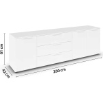 Comodă alb alpin 200 cm cu 3 uși, 3 sertare și compartimentare premium, design modern pentru living sau dormitor, înălțime 61 cm - imagine 2