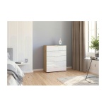 Comodă 80 cm lungime, 5 sertare, compartimentare premium, culoare alb alpin/stejar, 100 cm inaltime