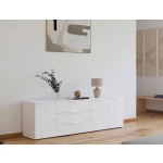 Comodă alb alpin 200 cm cu 3 uși, 3 sertare și compartimentare premium, design modern pentru living sau dormitor, înălțime 61 cm