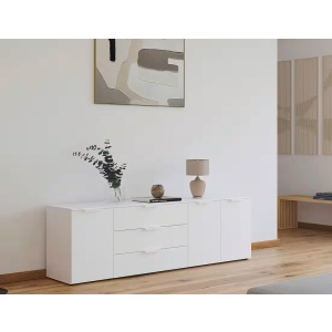 Comodă alb alpin 200 cm cu 3 uși, 3 sertare și compartimentare premium, design modern pentru living sau dormitor, înălțime 61 cm
