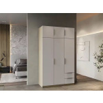 Dulap 119 cm lățime, 6 uși batante și 2 sertare, culoare alb mat/stejar, 203 cm înălțime, compartimentare premium cu rafturi și bară haine