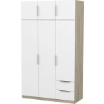 Dulap 119 cm lățime, 6 uși batante și 2 sertare, culoare alb mat/stejar, 203 cm înălțime, compartimentare premium cu rafturi și bară haine - imagine 3