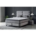 Pat Boxspring FALLONE cu ladă de depozitare, structură metalică, material și saltea premium cu topper integrat