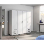 Dulap 187 cm lățime, 4 uși batante și 4 sertare, culoare alb alpin, 194 cm înălțime, compartimentare premium cu 7 rafturi și bară haine