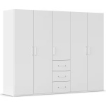 Dulap 251 cm lățime, 5 uși batante și 3 sertare, compartimentare premium cu bară haine, culoare alb alpin, material lemnos, 197 cm înălțime, design modern pentru dormitor - imagine 3