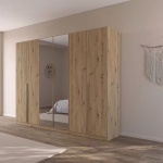 Dulap 271 cm lățime, 6 uși batante (2 cu oglindă), compartimentare premium cu 5 rafturi și 3 bare haine, culoare stejar artizanal, material lemnos, 210 cm înălțime, design modern pentru dormitor