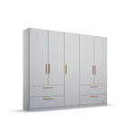 Dulap 226 cm lățime, 5 uși batante și 4 sertare, culoare gri mătase, 210 cm înălțime, compartimentare premium pentru organizare eficientă
