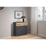 Comoda 93 cm latime, 2 usi batante, 2 sertare, culoare gri metalic, 81 cm inaltime