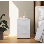 Comodă 40 cm lățime, 3 sertare cu fronturi din sticlă, culoare alb alpin, material PAL, 61 cm înălțime, design modern pentru dormitor