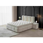 Pat Boxspring ALLURE PRO cu ladă de depozitare, structura metalica, material si saltea premium, LED-uri integrate in capatai