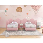 Set 2 paturi 120×200 cm, tapițate catifea premium, culoare roz pudrat, tăblie moale cu panouri ovale, design modern și sigur pentru copii DUO MOON
