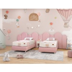 Set 2 paturi 120×200 cm, tapițate catifea premium, culoare roz pudrat, tăblie moale cu panouri ovale, design modern și sigur pentru copii DUO MOON - imagine 2