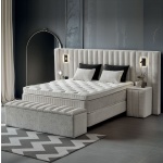 Pat Boxspring PALAZO cu ladă de depozitare, structura metalica, material și saltea premium cu topper integrat, LED-uri incorporate in capatai