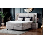 Pat Boxspring JULIE cu ladă de depozitare, structura metalica, material și saltea premium cu topper integrat, LED-uri incorporate in capatai