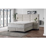 Pat Boxspring MATHILDA cu ladă de depozitare, structura metalica, material și saltea premium cu topper integrat, LED-uri incorporate in capatai