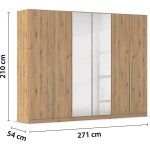 Dulap 271 cm lățime, 6 uși batante (2 cu oglindă), compartimentare premium cu 5 rafturi și 3 bare haine, culoare stejar artizanal, material lemnos, 210 cm înălțime, design modern pentru dormitor - imagine 4