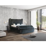 Pat Boxspring SERENE cu lada de depozitare, bancuta separata, structura metalica, saltea premium, material catifelat