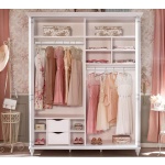 Dulap 140 cm, 2 uși glisante, stil clasic romantic, alb antique cu accente patinate, bară haine, rafturi și sertare interioare, design elegant premium BELLE - imagine 2