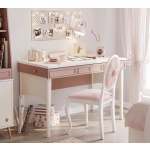 Birou 117 cm, 3 sertare cu organizator și etajeră, stil modern romantic, alb mat și roz pudră, accente rose-gold, design premium pentru studiu și make-up PEARL