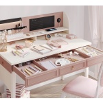 Birou 117 cm, 3 sertare cu organizator și etajeră, stil modern romantic, alb mat și roz pudră, accente rose-gold, design premium pentru studiu și make-up PEARL - imagine 4