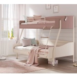 Pat supraetajat 90×190 / 120×190 cm, stil modern romantic, roz pudrat și crem, structură solidă lemn și metal, design sigur și elegant pentru copii PEARL