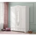 Dulap 140 cm, 3 uși batante cu oglindă, stil romantic, alb satinat, 3 sertare, bară haine și rafturi, design elegant BUTTERFLY