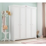 Dulap 202 cm, 4 uși batante, stil romantic clasic, alb satinat, bară haine, rafturi și sertare interioare, design elegant și spațios BUTTERFLY