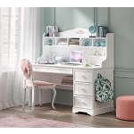 Birou 138 cm cu etajeră și 3 sertare, stil romantic modern, alb satinat, spații multiple de depozitare, design elegant pentru copii sau adolescenți BUTTERFLY