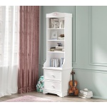 Bibliotecă îngustă 54 cm, stil clasic romantic, alb soft-mat, 2 sertare și rafturi deschise, design slim pentru spații mici BUTTERFLY