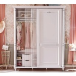 Dulap 140 cm, 2 uși glisante, stil clasic romantic, alb antique cu accente patinate, bară haine, rafturi și sertare interioare, design elegant premium BELLE - imagine 3
