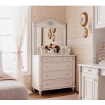 Comodă 90 cm cu oglindă, 4 sertare spațioase, stil clasic romantic vintage, alb antique cu accente argintii, design elegant cu detalii sculptate BELLE