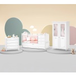 Set dormitor bebe 3 piese (pătuț transformabil, dulap 2 uși, comodă 4 sertare), stil clasic romantic, alb, design premium cu detalii sculptate BELLE