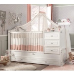 Set dormitor bebe 3 piese (pătuț transformabil, dulap 2 uși, comodă 4 sertare), stil clasic romantic, alb, design premium cu detalii sculptate BELLE - imagine 3