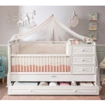 Set dormitor bebe 3 piese (pătuț transformabil, dulap 2 uși, comodă 4 sertare), stil clasic romantic, alb, design premium cu detalii sculptate BELLE - imagine 7