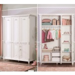 Dulap 140 cm, 3 uși batante, stil clasic romantic, alb antique cu accente patinate, bară haine, rafturi și sertare interioare, design elegant premium BELLE - imagine 3