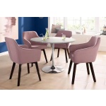 Masă dining rotundă 110 cm, gri ciment, blat lemn, picior metal inox, înălțime 75 cm, design modern pentru bucătărie sau living - imagine 3