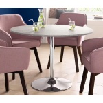 Masă dining rotundă 110 cm, gri ciment, blat lemn, picior metal inox, înălțime 75 cm, design modern pentru bucătărie sau living