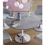Masă dining rotundă 110 cm, gri ciment, blat lemn, picior metal inox, înălțime 75 cm, design modern pentru bucătărie sau living - imagine 4