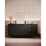 Comodă grafit negru 163 cm cu 2 uși și 3 sertare, fronturi riflate și design modern minimalist pentru living sau dormitor, înălțime 81 cm SERENA