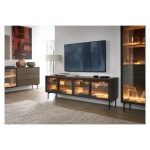 Comodă TV negru stejar 181 cm cu 4 uși și iluminare LED, fronturi MDF cu sticlă, design modern elegant pentru living AUREA