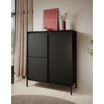 Comodă înaltă grafit 103 cm cu 3 compartimente și sistem push-to-open, design modern minimalist cu finisaj mat și riflaje decorative, înălțime 124 cm STRIA
