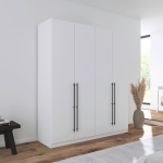 Dulap 181 cm lungime, 4 uși batante, culoare alb, finisaj mat, mânere negru mat, 229 cm înălțime, compartimentare premium